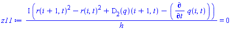 I*(r(i+1, t)^2-r(i, t)^2+(D[2](q))(i+1, t)-(diff(q(i, t), t)))/h = 0