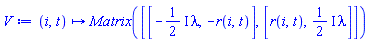 proc (i, t) options operator, arrow; Matrix([[Physics:-`*`(Physics:-`*`(Physics:-`*`(Physics:-`*`(1, Physics:-`^`(2, -1)), I), lambda), -1), Physics:-`*`(r(i, t), -1)], [r(i, t), Physics:-`*`(Physics:-`*`(Physics:-`*`(1, Physics:-`^`(2, -1)), I), lambda)]]) end proc