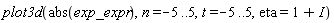 plot3d(abs(exp_expr), n = -5 .. 5, t = -5 .. 5, eta = 1+I)