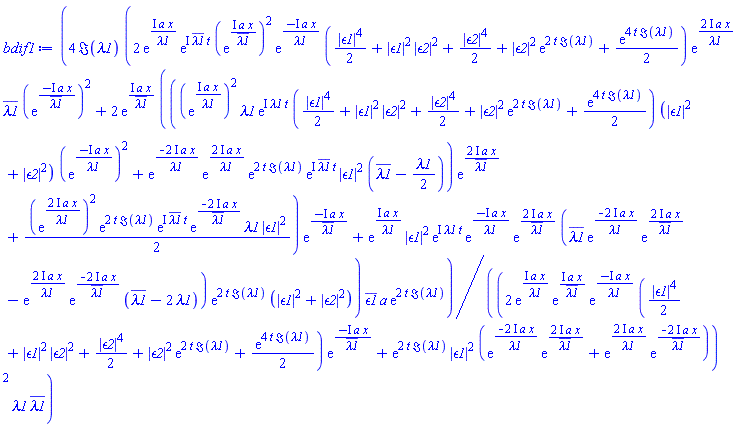 4*Im(lambda1)*(2*exp(I*a*x/lambda1)*exp(I*conjugate(lambda1)*t)*(exp(I*a*x/conjugate(lambda1)))^2*exp(-I*a*x/lambda1)*((1/2)*abs(epsilon1)^4+abs(epsilon1)^2*abs(epsilon2)^2+(1/2)*abs(epsilon2)^4+abs(epsilon2)^2*exp(2*t*Im(lambda1))+(1/2)*exp(4*t*Im(lambda1)))*exp((2*I)*a*x/lambda1)*conjugate(lambda1)*(exp(-I*a*x/conjugate(lambda1)))^2+2*exp(I*a*x/conjugate(lambda1))*(((exp(I*a*x/lambda1))^2*lambda1*exp(I*lambda1*t)*((1/2)*abs(epsilon1)^4+abs(epsilon1)^2*abs(epsilon2)^2+(1/2)*abs(epsilon2)^4+abs(epsilon2)^2*exp(2*t*Im(lambda1))+(1/2)*exp(4*t*Im(lambda1)))*(abs(epsilon1)^2+abs(epsilon2)^2)*(exp(-I*a*x/lambda1))^2+exp(-(2*I)*a*x/lambda1)*exp((2*I)*a*x/lambda1)*exp(2*t*Im(lambda1))*exp(I*conjugate(lambda1)*t)*abs(epsilon1)^2*(conjugate(lambda1)-(1/2)*lambda1))*exp((2*I)*a*x/conjugate(lambda1))+(1/2)*(exp((2*I)*a*x/lambda1))^2*exp(2*t*Im(lambda1))*exp(I*conjugate(lambda1)*t)*exp(-(2*I)*a*x/conjugate(lambda1))*lambda1*abs(epsilon1)^2)*exp(-I*a*x/conjugate(lambda1))+exp(I*a*x/lambda1)*abs(epsilon1)^2*exp(I*lambda1*t)*exp(-I*a*x/lambda1)*exp((2*I)*a*x/conjugate(lambda1))*(conjugate(lambda1)*exp(-(2*I)*a*x/lambda1)*exp((2*I)*a*x/conjugate(lambda1))-exp((2*I)*a*x/lambda1)*exp(-(2*I)*a*x/conjugate(lambda1))*(conjugate(lambda1)-2*lambda1))*exp(2*t*Im(lambda1))*(abs(epsilon1)^2+abs(epsilon2)^2))*conjugate(epsilon1)*a*exp(2*t*Im(lambda1))/((2*exp(I*a*x/lambda1)*exp(I*a*x/conjugate(lambda1))*exp(-I*a*x/lambda1)*((1/2)*abs(epsilon1)^4+abs(epsilon1)^2*abs(epsilon2)^2+(1/2)*abs(epsilon2)^4+abs(epsilon2)^2*exp(2*t*Im(lambda1))+(1/2)*exp(4*t*Im(lambda1)))*exp(-I*a*x/conjugate(lambda1))+exp(2*t*Im(lambda1))*abs(epsilon1)^2*(exp(-(2*I)*a*x/lambda1)*exp((2*I)*a*x/conjugate(lambda1))+exp((2*I)*a*x/lambda1)*exp(-(2*I)*a*x/conjugate(lambda1))))^2*lambda1*conjugate(lambda1))