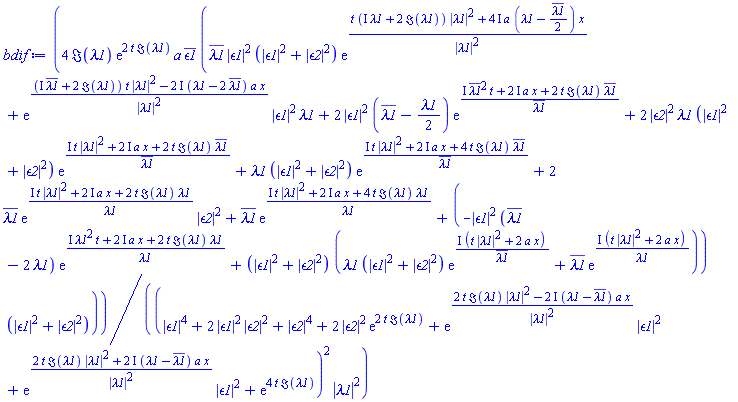 4*Im(lambda1)*exp(2*t*Im(lambda1))*a*conjugate(epsilon1)*(conjugate(lambda1)*abs(epsilon1)^2*(abs(epsilon1)^2+abs(epsilon2)^2)*exp((t*(I*lambda1+2*Im(lambda1))*abs(lambda1)^2+(4*I)*a*(lambda1-(1/2)*conjugate(lambda1))*x)/abs(lambda1)^2)+exp(((I*conjugate(lambda1)+2*Im(lambda1))*t*abs(lambda1)^2-(2*I)*(lambda1-2*conjugate(lambda1))*a*x)/abs(lambda1)^2)*abs(epsilon1)^2*lambda1+2*abs(epsilon1)^2*(conjugate(lambda1)-(1/2)*lambda1)*exp((I*conjugate(lambda1)^2*t+(2*I)*a*x+2*t*Im(lambda1)*conjugate(lambda1))/conjugate(lambda1))+2*abs(epsilon2)^2*lambda1*(abs(epsilon1)^2+abs(epsilon2)^2)*exp((I*t*abs(lambda1)^2+(2*I)*a*x+2*t*Im(lambda1)*conjugate(lambda1))/conjugate(lambda1))+lambda1*(abs(epsilon1)^2+abs(epsilon2)^2)*exp((I*t*abs(lambda1)^2+(2*I)*a*x+4*t*Im(lambda1)*conjugate(lambda1))/conjugate(lambda1))+2*conjugate(lambda1)*exp((I*t*abs(lambda1)^2+(2*I)*a*x+2*t*Im(lambda1)*lambda1)/lambda1)*abs(epsilon2)^2+conjugate(lambda1)*exp((I*t*abs(lambda1)^2+(2*I)*a*x+4*t*Im(lambda1)*lambda1)/lambda1)+(-abs(epsilon1)^2*(conjugate(lambda1)-2*lambda1)*exp((I*lambda1^2*t+(2*I)*a*x+2*t*Im(lambda1)*lambda1)/lambda1)+(abs(epsilon1)^2+abs(epsilon2)^2)*(lambda1*(abs(epsilon1)^2+abs(epsilon2)^2)*exp(I*(t*abs(lambda1)^2+2*a*x)/conjugate(lambda1))+conjugate(lambda1)*exp(I*(t*abs(lambda1)^2+2*a*x)/lambda1)))*(abs(epsilon1)^2+abs(epsilon2)^2))/((abs(epsilon1)^4+2*abs(epsilon1)^2*abs(epsilon2)^2+abs(epsilon2)^4+2*abs(epsilon2)^2*exp(2*t*Im(lambda1))+exp((2*t*Im(lambda1)*abs(lambda1)^2-(2*I)*(lambda1-conjugate(lambda1))*a*x)/abs(lambda1)^2)*abs(epsilon1)^2+exp((2*t*Im(lambda1)*abs(lambda1)^2+(2*I)*(lambda1-conjugate(lambda1))*a*x)/abs(lambda1)^2)*abs(epsilon1)^2+exp(4*t*Im(lambda1)))^2*abs(lambda1)^2)