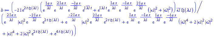 -(2*I)*exp(2*t*Im(lambda1))*(exp(I*a*x/conjugate(lambda1))*exp((2*I)*a*x/lambda1)*exp(-I*a*x/conjugate(lambda1))*exp(I*conjugate(lambda1)*t)+exp(I*lambda1*t)*exp(I*a*x/lambda1)*exp(-I*a*x/lambda1)*exp((2*I)*a*x/conjugate(lambda1))*(abs(epsilon1)^2+abs(epsilon2)^2))*conjugate(epsilon1)*Im(lambda1)/(exp((2*I)*a*x/lambda1)*abs(epsilon1)^2*exp(-(2*I)*a*x/conjugate(lambda1))*exp(2*t*Im(lambda1))+exp(-(2*I)*a*x/lambda1)*abs(epsilon1)^2*exp((2*I)*a*x/conjugate(lambda1))*exp(2*t*Im(lambda1))+exp(I*a*x/lambda1)*exp(-I*a*x/lambda1)*exp(I*a*x/conjugate(lambda1))*exp(-I*a*x/conjugate(lambda1))*(abs(epsilon2)^4+2*abs(epsilon1)^2*abs(epsilon2)^2+abs(epsilon1)^4+2*abs(epsilon2)^2*exp(2*t*Im(lambda1))+exp(4*t*Im(lambda1))))