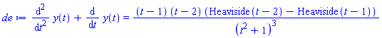 diff(diff(y(t), t), t)+diff(y(t), t) = (t-1)*(t-2)*(Heaviside(t-2)-Heaviside(t-1))/(t^2+1)^3