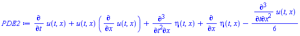 diff(u(t, x), t)+u(t, x)*(diff(u(t, x), x))+diff(diff(diff(eta(t, x), t), t), x)+diff(eta(t, x), x)-(1/6)*(diff(diff(diff(u(t, x), t), x), x))