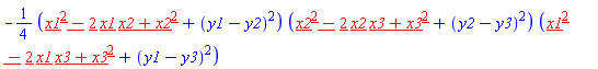 -(1/4)*(x1^2-2*x1*x2+x2^2+(y1-y2)^2)*(x2^2-2*x2*x3+x3^2+(y2-y3)^2)*(x1^2-2*x1*x3+x3^2+(y1-y3)^2)