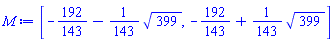 [-192/143-(1/143)*399^(1/2), -192/143+(1/143)*399^(1/2)]