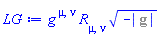 Physics:-g_[`~mu`, `~nu`]*Physics:-Ricci[mu, nu]*(-%g_[determinant])^(1/2)