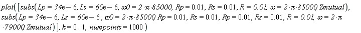 plot([subs(Lp = 34*exp(1)-6, Ls = 60*exp(1)-6, omega0 = 2*Pi*85000, Rp = 0.1e-1, Rs = 0.1e-1, R = 0.1e-1, omega = 2*Pi*85000, Zmutual), subs(Lp = 34*exp(1)-6, Ls = 60*exp(1)-6, omega0 = 2*Pi*85000, Rp = 0.1e-1, Rs = 0.1e-1, Rp = 0.1e-1, Rs = 0.1e-1, R = 0.1e-1, omega = 2*Pi*79000, Zmutual)], k = 0 .. 1, numpoints = 1000)