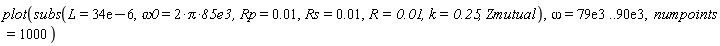 plot(subs(L = 0.34e-4, omega0 = 2*Pi*0.85e5, Rp = 0.1e-1, Rs = 0.1e-1, R = 0.1e-1, k = .25, Zmutual), omega = 0.79e5 .. 0.90e5, numpoints = 1000)