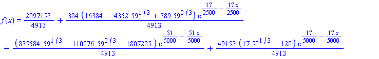 f(x) = 2097152/4913+(384/4913)*(16384-4352*59^(1/3)+289*59^(2/3))*exp(17/2500-(17/2500)*x)+(1/4913)*(835584*59^(1/3)-110976*59^(2/3)-1807285)*exp(51/5000-(51/5000)*x)+(49152/4913)*(17*59^(1/3)-128)*exp(17/5000-(17/5000)*x)