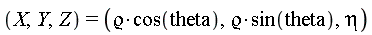 (X, Y, Z) = (`&varrho;`*cos(theta), `&varrho;`*sin(theta), eta)
