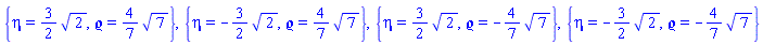 {eta = (3/2)*2^(1/2), `&varrho;` = (4/7)*7^(1/2)}, {eta = -(3/2)*2^(1/2), `&varrho;` = (4/7)*7^(1/2)}, {eta = (3/2)*2^(1/2), `&varrho;` = -(4/7)*7^(1/2)}, {eta = -(3/2)*2^(1/2), `&varrho;` = -(4/7)*7^(1/2)}