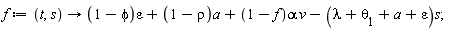 f := proc (t, s) options operator, arrow; (1-phi)*epsilon+(1-rho)*a+(1-f)*alpha*v-(lambda+theta[1]+a+epsilon)*s end proc;