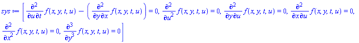 [diff(diff(f(x, y, t, u), t), u)-(diff(diff(f(x, y, t, u), x), y)) = 0, diff(diff(f(x, y, t, u), u), u) = 0, diff(diff(f(x, y, t, u), u), y) = 0, diff(diff(f(x, y, t, u), u), x) = 0, diff(diff(f(x, y, t, u), x), x) = 0, diff(diff(diff(f(x, y, t, u), y), y), y) = 0]