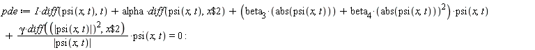 pde := I*(diff(psi(x, t), t))+alpha*(diff(psi(x, t), `$`(x, 2)))+(beta[3]*abs(psi(x, t))+beta[4]*abs(psi(x, t))^2)*psi(x, t)+gamma*(diff(abs(psi(x, t))^2, `$`(x, 2)))*psi(x, t)/abs(psi(x, t)) = 0