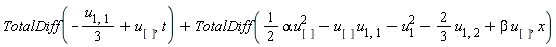TotalDiff(-(1/3)*u[1, 1]+u[], t)+TotalDiff((1/2)*alpha*u[]^2-u[]*u[1, 1]-u[1]^2-(2/3)*u[1, 2]+beta*u[], x)