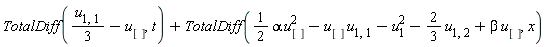 TotalDiff((1/3)*u[1, 1]-u[], t)+TotalDiff((1/2)*alpha*u[]^2-u[]*u[1, 1]-u[1]^2-(2/3)*u[1, 2]+beta*u[], x)