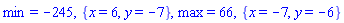 min = -245, {x = 6, y = -7}, max = 66, {x = -7, y = -6}