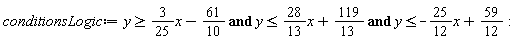 conditionsLogic := y >= (3/25)*x-61/10 and y <= (28/13)*x+119/13 and y <= -(25/12)*x+59/12: