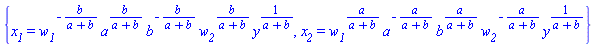 {x__1 = w__1^(-b/(a+b))*a^(b/(a+b))*b^(-b/(a+b))*w__2^(b/(a+b))*y^(1/(a+b)), x__2 = w__1^(a/(a+b))*a^(-a/(a+b))*b^(a/(a+b))*w__2^(-a/(a+b))*y^(1/(a+b))}