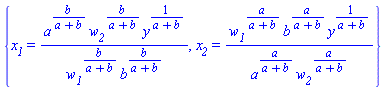{x__1 = a^(b/(a+b))*w__2^(b/(a+b))*y^(1/(a+b))/(w__1^(b/(a+b))*b^(b/(a+b))), x__2 = w__1^(a/(a+b))*b^(a/(a+b))*y^(1/(a+b))/(a^(a/(a+b))*w__2^(a/(a+b)))}