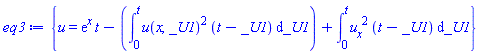 {u(x, t) = exp(x)*t-(int(u(x, _U1)^2*(t-_U1), _U1 = 0 .. t))+int((diff(u(x, _U1), x))^2*(t-_U1), _U1 = 0 .. t)}