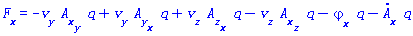 F__x = -v__y(x, y, z, t)*(diff(A__x(x, y, z, t), y))*q+v__y(x, y, z, t)*(diff(A__y(x, y, z, t), x))*q+v__z(x, y, z, t)*(diff(A__z(x, y, z, t), x))*q-v__z(x, y, z, t)*(diff(A__x(x, y, z, t), z))*q-(diff(varphi(x, y, z, t), x))*q-(diff(A__x(x, y, z, t), t))*q
