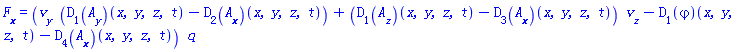 F__x = (v__y(x, y, z, t)*((D[1](A__y))(x, y, z, t)-(D[2](A__x))(x, y, z, t))+((D[1](A__z))(x, y, z, t)-(D[3](A__x))(x, y, z, t))*v__z(x, y, z, t)-(D[1](varphi))(x, y, z, t)-(D[4](A__x))(x, y, z, t))*q