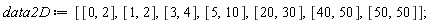 data2D := [[0, 2], [1, 2], [3, 4], [5, 10], [20, 30], [40, 50], [50, 50]]