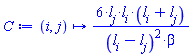 proc (i, j) options operator, arrow; 6*l[j]*l[i]*(l[i]+l[j])/((l[i]-l[j])^2*beta) end proc
