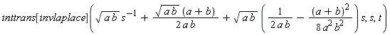 inttrans[invlaplace](sqrt(a*b)/s+sqrt(a*b)*(a+b)/(2*a*b)+sqrt(a*b)*(1/(2*a*b)-(a+b)^2/(8*a^2*b^2))*s, s, t)