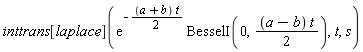 inttrans[laplace](exp(-(1/2)*(a+b)*t)*BesselI(0, (1/2)*(a-b)*t), t, s)