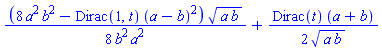 (1/8)*(8*a^2*b^2-Dirac(1, t)*(a-b)^2)*(a*b)^(1/2)/(b^2*a^2)+(1/2)*Dirac(t)*(a+b)/(a*b)^(1/2)