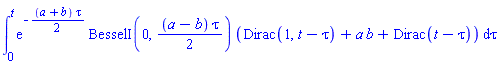 int(exp(-(1/2)*(a+b)*tau)*BesselI(0, (1/2)*(a-b)*tau)*(Dirac(1, t-tau)+a*b+Dirac(t-tau)), tau = 0 .. t)