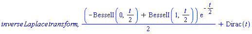 inverse*Laplace*transform, (1/2)*(-BesselI(0, (1/2)*t)+BesselI(1, (1/2)*t))*exp(-(1/2)*t)+Dirac(t)