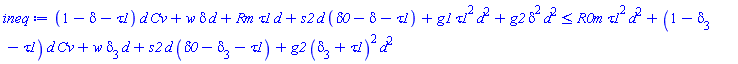 (1-delta-tau1)*d*Cv+w*delta*d+Rm*tau1*d+s2*d*(delta0-delta-tau1)+g1*tau1^2*d^2+g2*delta^2*d^2 <= R0m*tau1^2*d^2+(1-delta[3]-tau1)*d*Cv+w*delta[3]*d+s2*d*(delta0-delta[3]-tau1)+g2*(delta[3]+tau1)^2*d^2