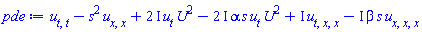 diff(diff(u(x, t), t), t)-s^2*(diff(diff(u(x, t), x), x))+(2*I)*(diff(u(x, t), t))*U^2-(2*I)*alpha*s*(diff(u(x, t), t))*U^2+I*(diff(diff(diff(u(x, t), t), x), x))-I*beta*s*(diff(diff(diff(u(x, t), x), x), x))
