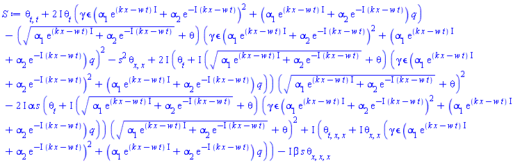 diff(diff(theta(x, t), t), t)+(2*I)*(diff(theta(x, t), t))*(gamma*epsilon*(alpha[1]*exp((k*x-t*w)*I)+alpha[2]*exp(-I*(k*x-t*w)))^2+(alpha[1]*exp((k*x-t*w)*I)+alpha[2]*exp(-I*(k*x-t*w)))*q)-((alpha[1]*exp((k*x-t*w)*I)+alpha[2]*exp(-I*(k*x-t*w)))^(1/2)+theta(x, t))*(gamma*epsilon*(alpha[1]*exp((k*x-t*w)*I)+alpha[2]*exp(-I*(k*x-t*w)))^2+(alpha[1]*exp((k*x-t*w)*I)+alpha[2]*exp(-I*(k*x-t*w)))*q)^2-s^2*(diff(diff(theta(x, t), x), x))+(2*I)*(diff(theta(x, t), t)+I*((alpha[1]*exp((k*x-t*w)*I)+alpha[2]*exp(-I*(k*x-t*w)))^(1/2)+theta(x, t))*(gamma*epsilon*(alpha[1]*exp((k*x-t*w)*I)+alpha[2]*exp(-I*(k*x-t*w)))^2+(alpha[1]*exp((k*x-t*w)*I)+alpha[2]*exp(-I*(k*x-t*w)))*q))*((alpha[1]*exp((k*x-t*w)*I)+alpha[2]*exp(-I*(k*x-t*w)))^(1/2)+theta(x, t))^2-(2*I)*alpha*s*(diff(theta(x, t), t)+I*((alpha[1]*exp((k*x-t*w)*I)+alpha[2]*exp(-I*(k*x-t*w)))^(1/2)+theta(x, t))*(gamma*epsilon*(alpha[1]*exp((k*x-t*w)*I)+alpha[2]*exp(-I*(k*x-t*w)))^2+(alpha[1]*exp((k*x-t*w)*I)+alpha[2]*exp(-I*(k*x-t*w)))*q))*((alpha[1]*exp((k*x-t*w)*I)+alpha[2]*exp(-I*(k*x-t*w)))^(1/2)+theta(x, t))^2+I*(diff(diff(diff(theta(x, t), t), x), x)+I*(diff(diff(theta(x, t), x), x))*(gamma*epsilon*(alpha[1]*exp((k*x-t*w)*I)+alpha[2]*exp(-I*(k*x-t*w)))^2+(alpha[1]*exp((k*x-t*w)*I)+alpha[2]*exp(-I*(k*x-t*w)))*q))-I*beta*s*(diff(diff(diff(theta(x, t), x), x), x))