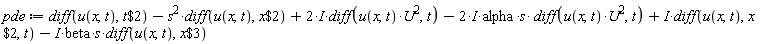 pde := diff(u(x, t), `$`(t, 2))-s^2*(diff(u(x, t), `$`(x, 2)))+(2*I)*(diff(u(x, t)*U^2, t))-(2*I)*alpha*s*(diff(u(x, t)*U^2, t))+I*(diff(u(x, t), `$`(x, 2), t))-I*beta*s*(diff(u(x, t), `$`(x, 3)))