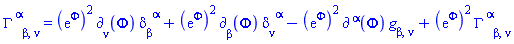 Physics:-Christoffel[`~alpha`, beta, nu] = (exp(Phi(X)))^2*Physics:-d_[nu](Phi(X), [X])*Physics:-g_[beta, `~alpha`]+(exp(Phi(X)))^2*Physics:-d_[beta](Phi(X), [X])*Physics:-g_[nu, `~alpha`]-(exp(Phi(X)))^2*Physics:-d_[`~alpha`](Phi(X), [X])*Physics:-g_[beta, nu]+(exp(Phi(X)))^2*Physics:-Christoffel[`~alpha`, beta, nu]