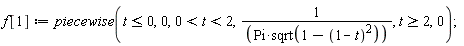 f[1] := piecewise(t <= 0, 0, 0 < t and t < 2, 1/(Pi*sqrt(1-(1-t)^2)), t >= 2, 0)