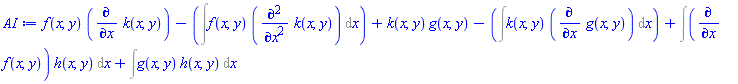 f(x, y)*(diff(k(x, y), x))-(Int(f(x, y)*(diff(diff(k(x, y), x), x)), x))+k(x, y)*g(x, y)-(Int(k(x, y)*(diff(g(x, y), x)), x))+Int((diff(f(x, y), x))*h(x, y), x)+Int(g(x, y)*h(x, y), x)