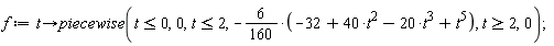f := proc (t) options operator, arrow; piecewise(t <= 0, 0, t <= 2, 6/5-(3/2)*t^2+(3/4)*t^3-(3/80)*t^5, 2 <= t, 0) end proc