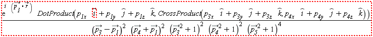 "((e)^(i (`p__1`*r)) DotProduct(`p__1x ` i+`p__1y ` j+`p__1z ` k,CrossProduct(`p__3x ` i+`p__3y ` j+`p__3z ` k,`p__4x ` i+`p__4y ` j+`p__4z ` k)))/((`p__3`-`p__1`)^2 (`p__4`+`p__1`)^2 (`p__3`^2+1)^2 (`p__4`^2+1)^2 (`p__5`^2+1)^4)"
