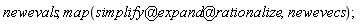 newevals, map(`@`(`@`(simplify, expand), rationalize), newevecs)