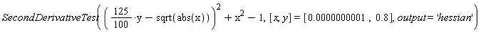 SecondDerivativeTest(((125*(1/100))*y-sqrt(abs(x)))^2+x^2-1, [x, y] = [0.1e-9, .8], output = 'hessian')