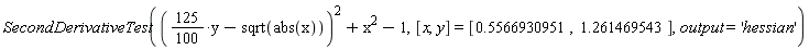 SecondDerivativeTest(((125*(1/100))*y-sqrt(abs(x)))^2+x^2-1, [x, y] = [.5566930951, 1.261469543], output = 'hessian')