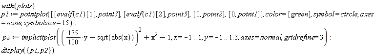 with(plots); -1; p1 := pointplot([[evalf(c1)[1], point3], [evalf(c1)[2], point3], [0, point2], [0, point1]], color = [green], symbol = circle, axes = none, symbolsize = 15); -1; p2 := implicitplot(((125*(1/100))*y-sqrt(abs(x)))^2+x^2-1, x = -1 .. 1, y = -1 .. 1.3, axes = normal, gridrefine = 3); -1; display({p1, p2})