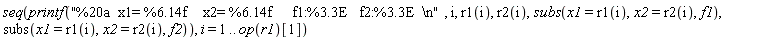 seq(printf("%20a  x1= %6.14f    x2= %6.14f     f1:%3.3E   f2:%3.3E  \n", i, r1(i), r2(i), subs(x1 = r1(i), x2 = r2(i), f1), subs(x1 = r1(i), x2 = r2(i), f2)), i = 1 .. op(r1)[1])