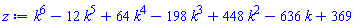 k^6-12*k^5+64*k^4-198*k^3+448*k^2-636*k+369